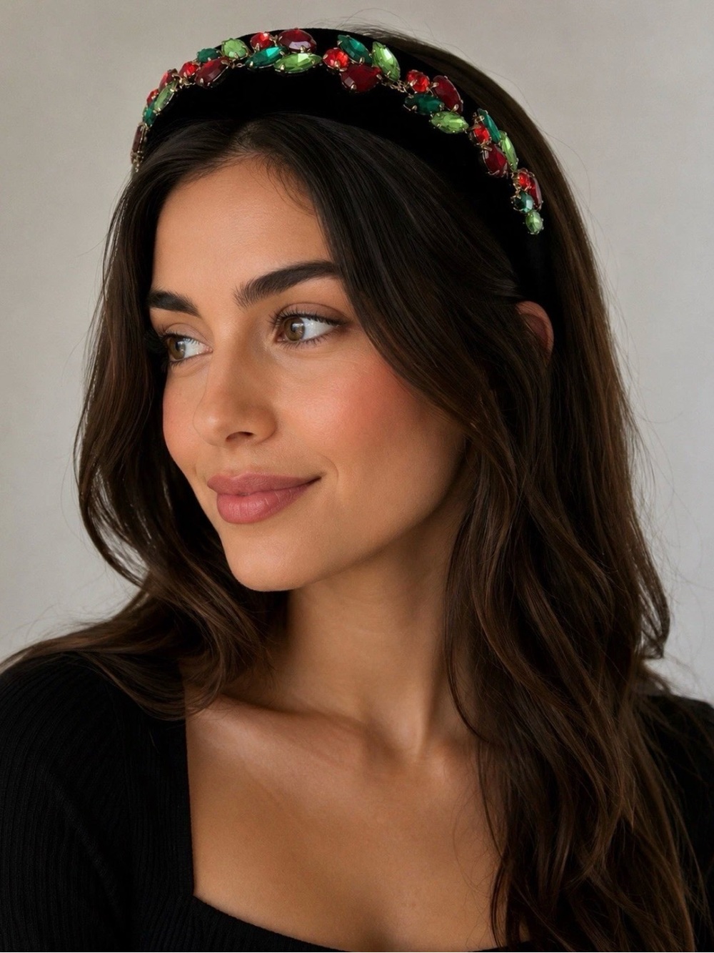 Embellished Velvet Headband in Red & Green